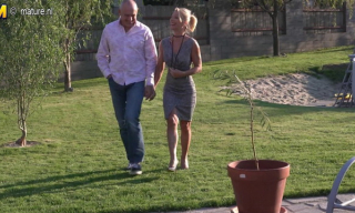 Slim-legged blonde milf-squirter fountains her juices outdoors and fucks indoors in black high heels