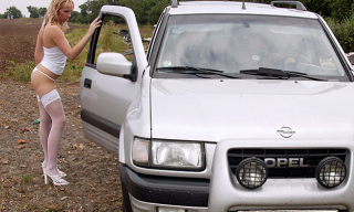 Dirty blonde anal whore enjoys a big fresh cock outdoor