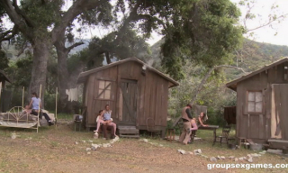 Hannah West, Amber Rayne, Kaci Starr open nyloned legs for rustic anal group sex