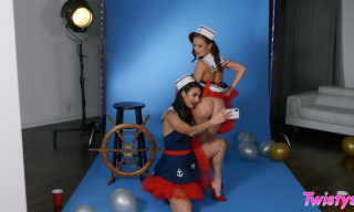 Marine lesbians Megan Rain & Eliza Ibarra lick pink and ass in ripped net tights