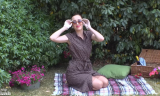 Dressy picnicker Sophia Smith parades her retro FF nylons, sheer undies & gloves