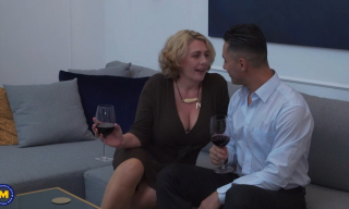 Busty British milf Camilla C. ass fucked in tan stockings after a glass of wine