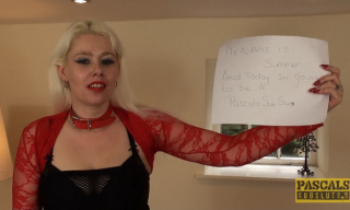 Blonde UK sub slut Summer Ray wears red trim nylons and a shiny red leash for boob-shaking brutality