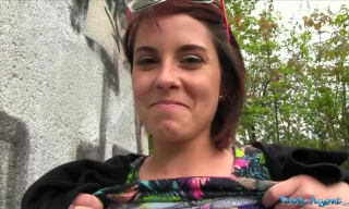 Young babe flashes her huge natural tits outdoors before getting dicked in her tan stockings