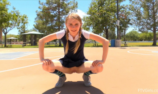 Naughty schoolgirl Sharlotte Carmen gets to pantyless upskirt tease and toy play