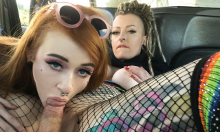 Tattooed and fishnet-clad sluts Azura Alii & Piggy Mouth enjoy anal 3sum in a cab