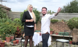 Tall British mom Lucy B. seduces a dude in the garden fucking in her pink corset and black stockings