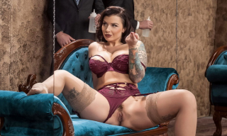 Curvy beauty Ivy Lebelle peels her purple lingerie for stockinged oily hardcore