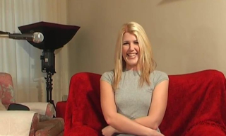 Natural blonde UK beauty Lara Lee makes some measurements and spreads bare legs for a dildo toy