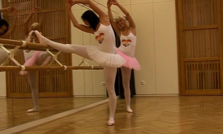 Two skittish nubile ballet dancers go lesbo in their tutus and white pantyhose using toys