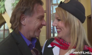 Uniformed air hostess Luci Angel gets her stockinged legs caressed before a road BJ and ass-to-mouth